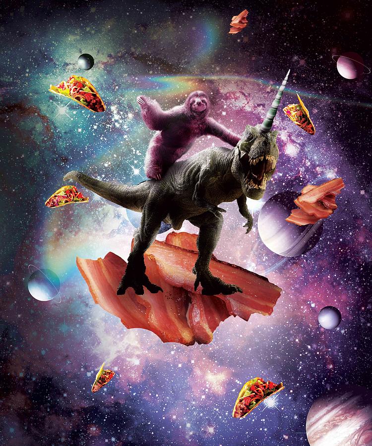 space-sloth-riding-dinosaur-unicorn-bacon-taco-digital-art-by-random