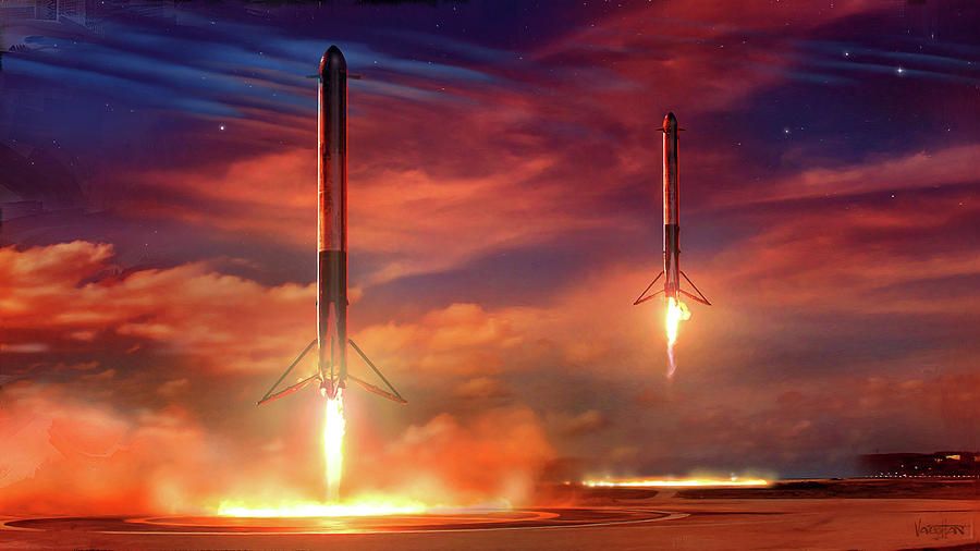 Space X - double booster landing Falcon Heavy Digital Art by James Vaughan  - Pixels