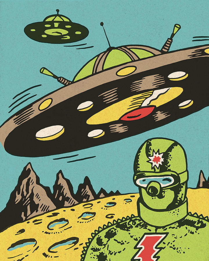 Science Fiction Drawing - Spaceman and Flying Saucers by CSA Images