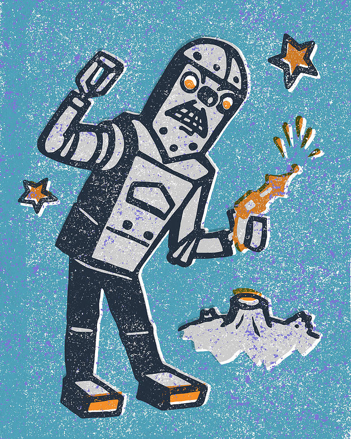Science Fiction Drawing - Spaceman Robot with Raygun by CSA Images