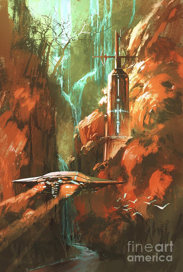Game Digital Art - Spaceship On Background Of Lighthouse by Tithi Luadthong Game Digital Art - Spaceship On Background Of Lighthouse by Tithi Luadthong