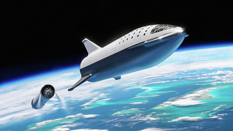 SpaceX BFR Big Falcon Rocket with Earth Digital Art by Pic by SpaceX Edit by M Hauser