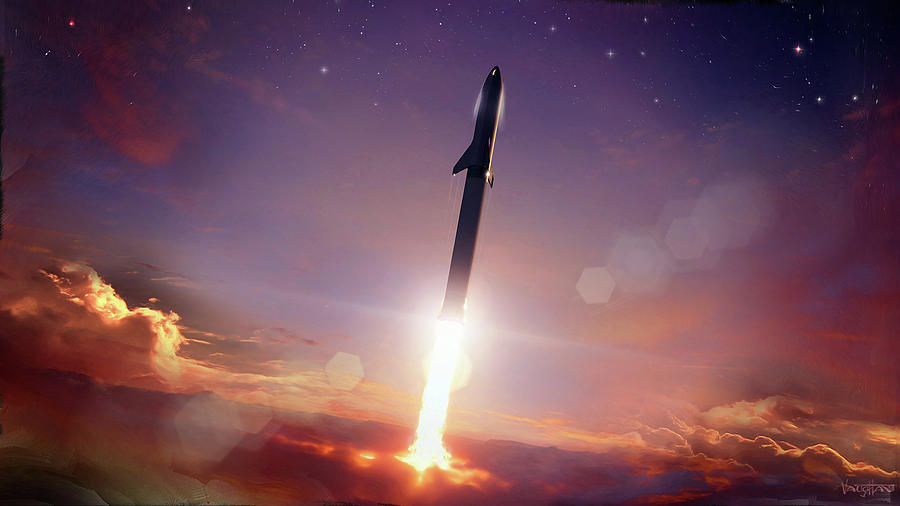 SpaceX- BFR launch - breaking dawn clouds Digital Art by James Vaughan