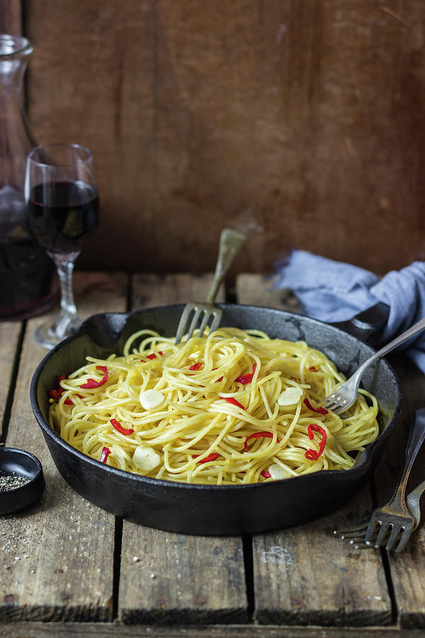 Spaghetti Aglio, Olio E Peperoncino, Blach Pepper, Red Wine italy Photograph by Zuzanna Ploch