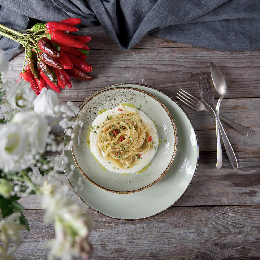 Spaghetti Aglio Olio E Peperoncino On Cauliflower Foam Photograph by Valentina T.