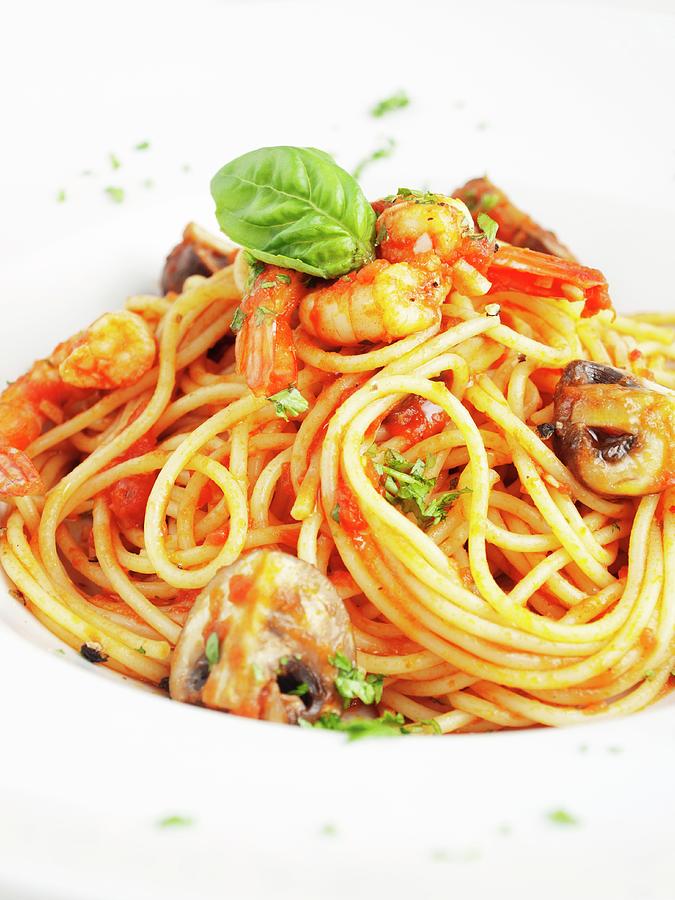 Spaghetti Arrabbiata With Mushrooms And Prawns close-up Photograph by Yuichi Nishihata Photography
