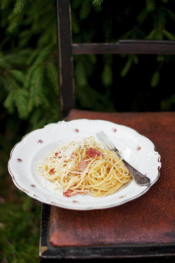 Spaghetti Carbonara pasta With Smoked Bacon, Parmesan And Egg Yolk Photograph by Kachel Katarzyna