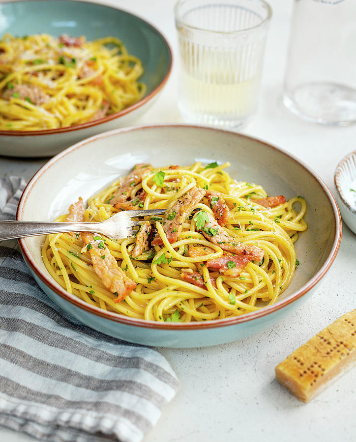 Spaghetti Carbonara With Bacon And Grated Parmesan Photograph by Lucy Parissi