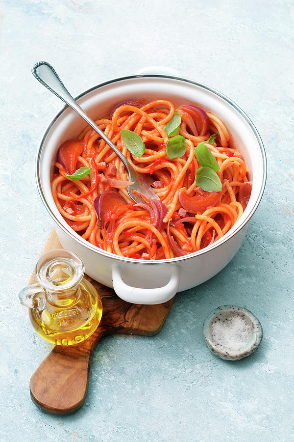 Spaghetti In Bacon And Tomato Sauce one Pot Pasta Photograph by Mathias Neubauer / Stockfood Studios