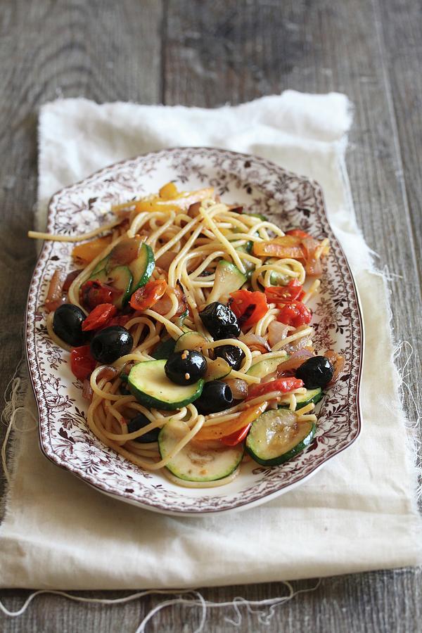 Spaghetti Primavera With Vegetables Photograph by Milly Kay
