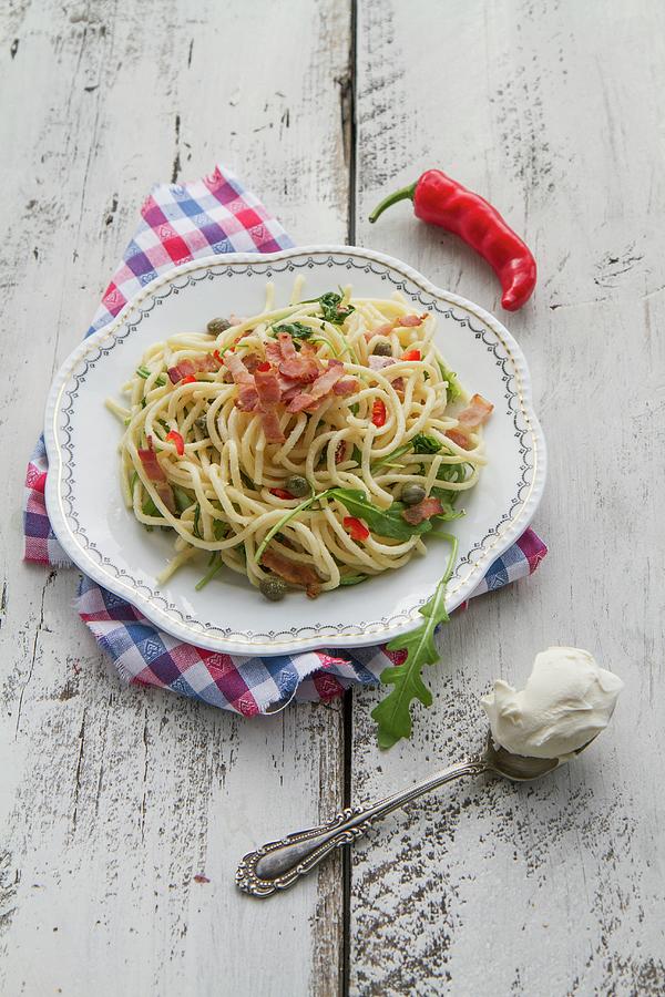 Spaghetti With Bacon, Chilli, Mascarpone, Rocket And Capers Photograph