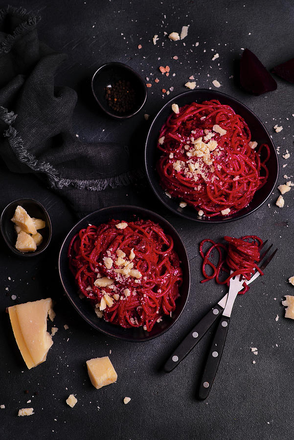 Spaghetti With Beetroot Pesto And Parmesan Cheese Photograph by Karolina Polkowska