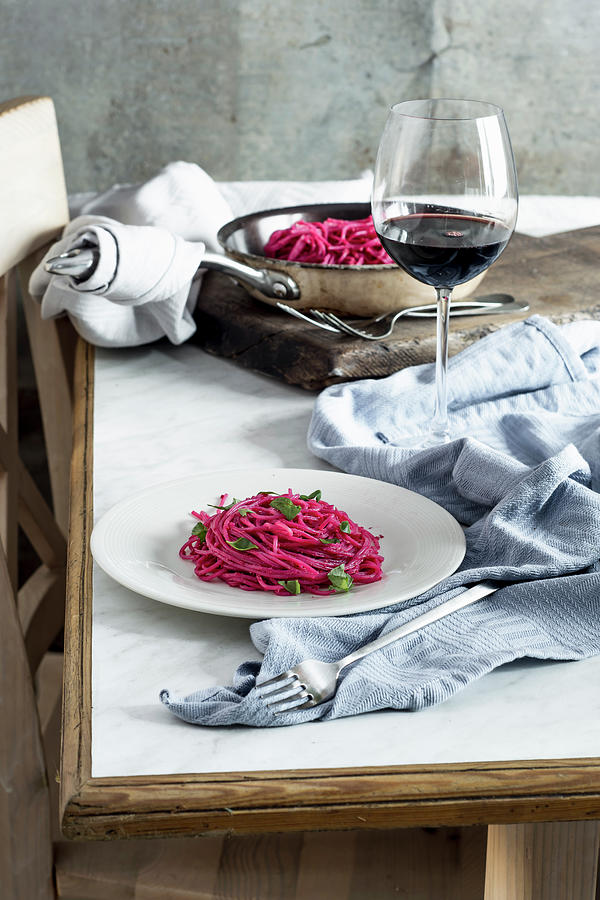 Spaghetti With Beetroot Pesto Served With Red Wine Photograph by Mateusz Siuta