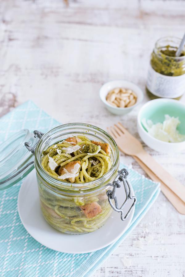 Spaghetti With Chicken And Pesto In A Glass Jar Photograph by Maricruz Avalos Flores