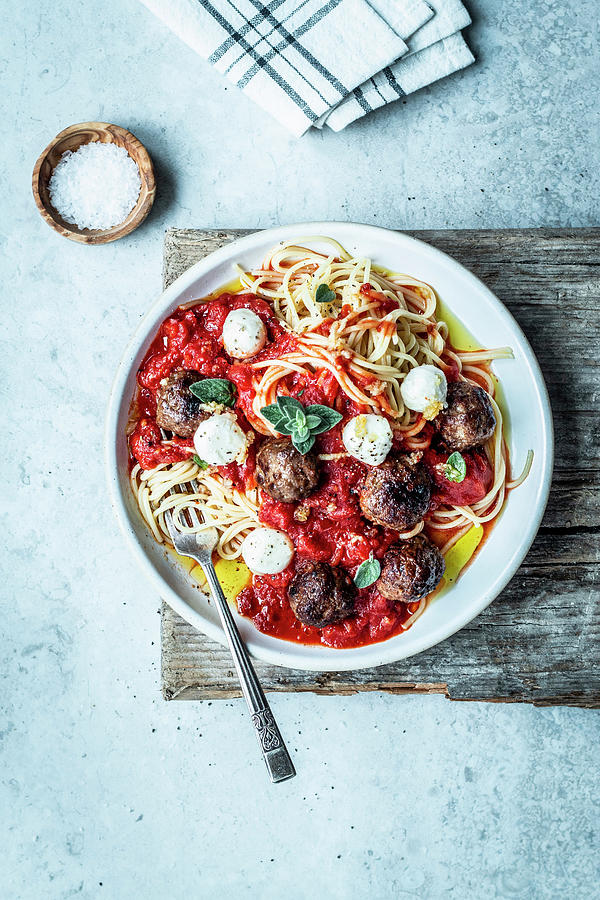 Spaghetti With Meatballs, Mini Mozzarella And Tomato Sauce Photograph by Simone Neufing
