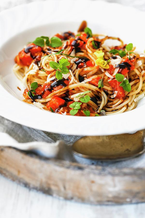 Spaghetti With Tomatoes, Oregano And Balsamic Vinegar Photograph by Sandra Krimshandl-tauscher