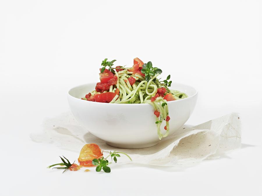 Spaghetti With Tomatoes, Pesto And Herbs Photograph by Oliver Lippert