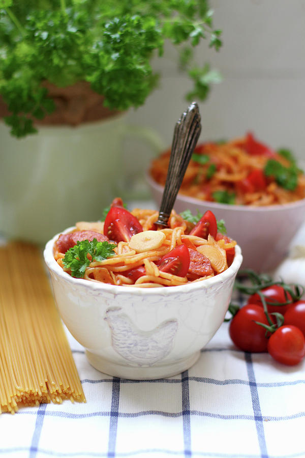 Spaghetti With Tomatoes, Sausage And Garlic Photograph by Sylvia E.k Photography
