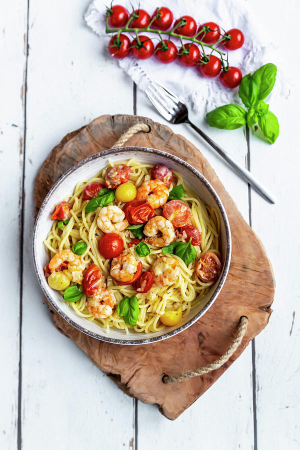 Spaghetti With Tomatoes, Shrimps And Basil Photograph by Sandra Rsch