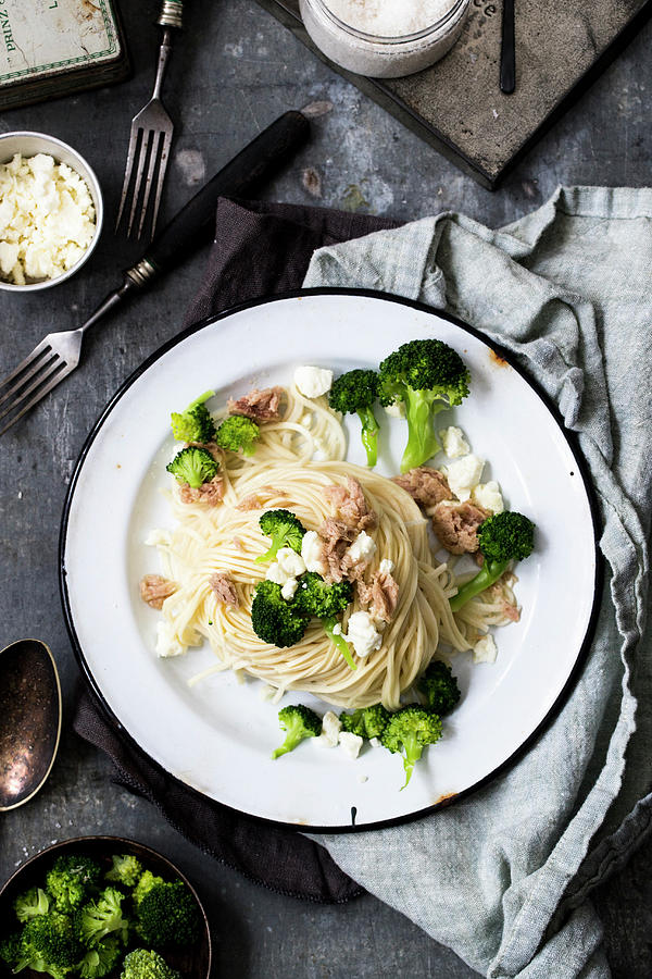 Spaghetti With Tuna Fish, Feta Cheese And Broccoli Photograph by Dees Kche