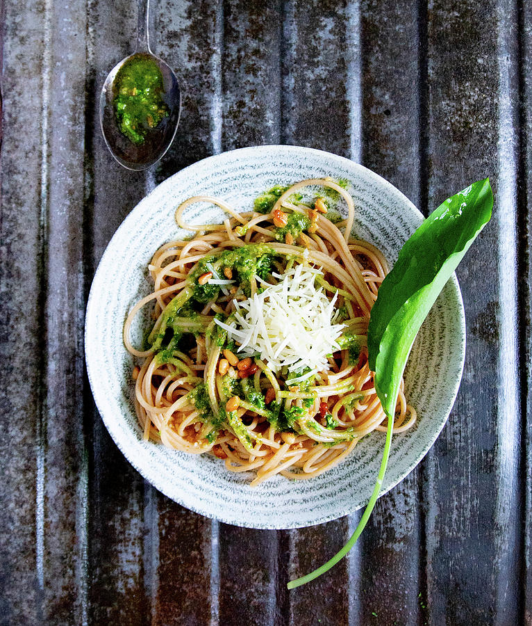 Spaghetti With Wild Garlic Pesto, Parmesan And Roasted Pine Nuts Photograph by Udo Einenkel