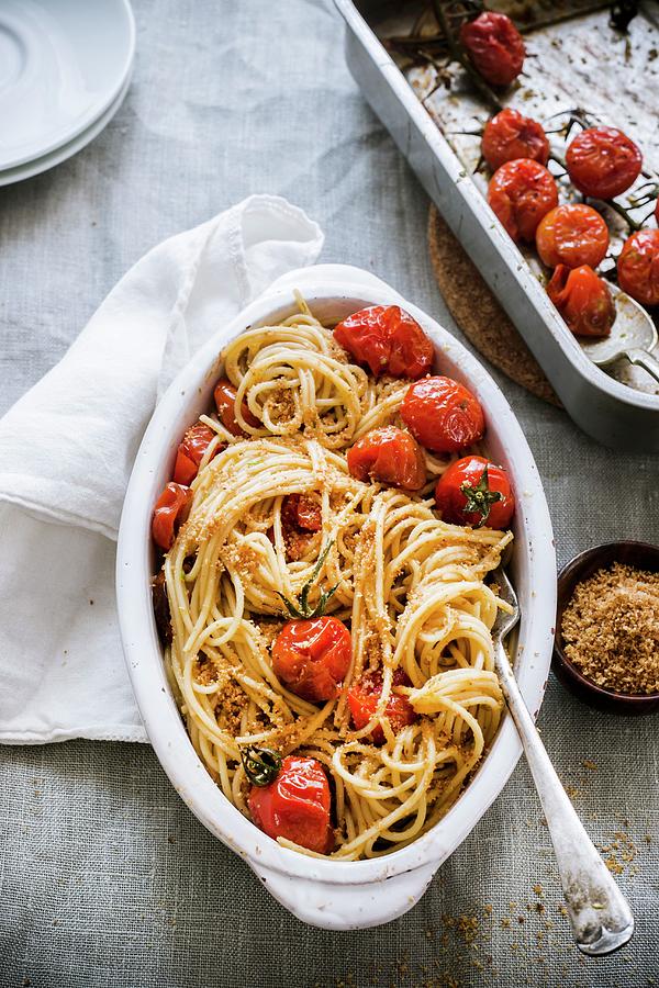 Spaghettini With Baked Balsamic Tomatoes And Breadcrumbs Photograph by Maricruz Avalos Flores