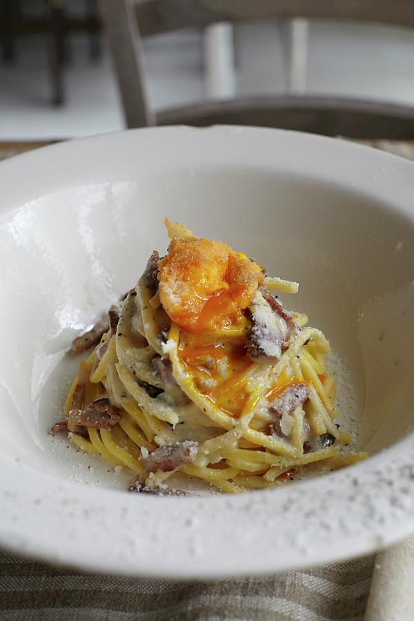 Spaghettis Carbonara And Soft-boiled Egg Croquette Photograph by Rossi