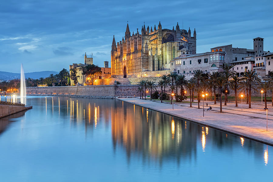 Spain, Balearic Islands, Mallorca, Palma De Mallorca, Palma, Parc De Mar With La Seu Cathedral And The Royal Palace Digital Art by Reinhard Schmid