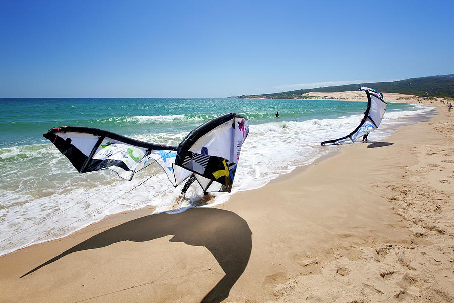 Spain, Cadiz, Kite Surfers Digital Art by Reinhard Schmid