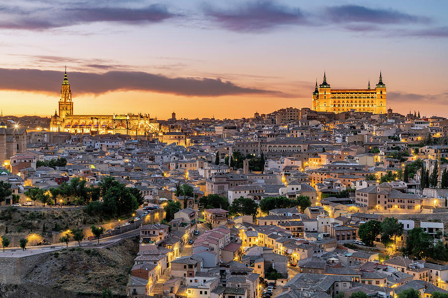 Spain, Castilla-la Mancha, Toledo District, Way Of St. James, Route Of Santiago De Compostela, Toledo, City Skyline At Sunset Digital Art by Stefano Politi Markovina