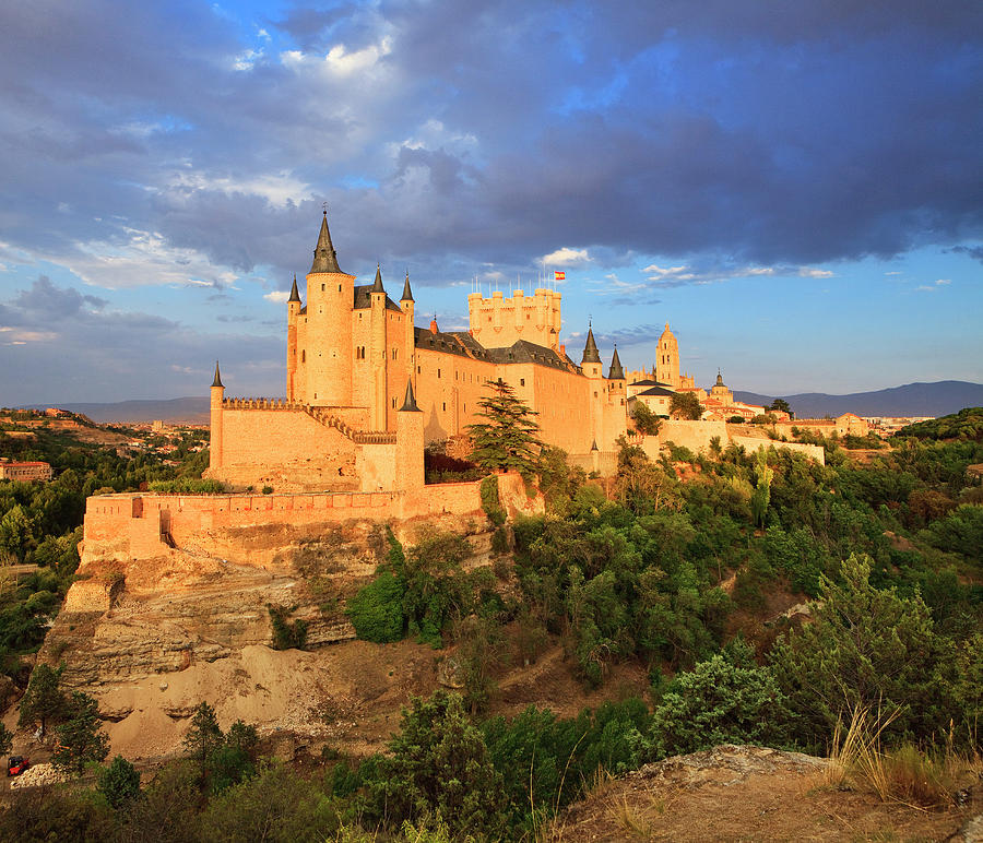 Castle Digital Art - Spain, Castilla Y Leon, Segovia, Segovia District, Alcazar Castle, Alcazar Castle At Sunset by Luigi Vaccarella