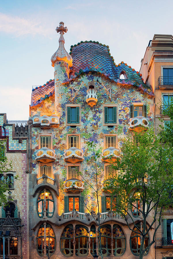 Spain, Catalonia, Barcelona, Casa Batllo Illuminated At Dusk , Architect Antoni Gaudi Digital Art by Jordan Banks