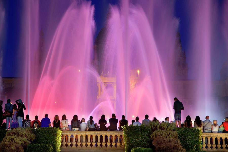 Spain, Catalonia, Barcelona District, Barcelona, Montjuic, The Magic Fountain And The Royal Palace In Placa Despanya Square Digital Art by Anna Serrano