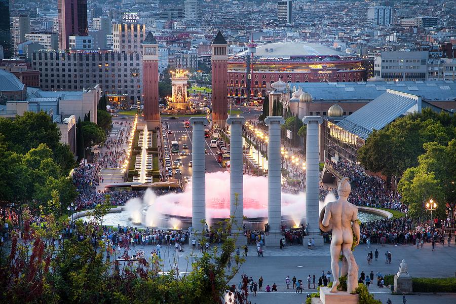 Spain, Catalonia, Barcelona District, Barcelona, Montjuic, The Magic Fountain, The Royal Palace, The Four Columns, And The Two Venetian Towers In Placa Despanya Square Digital Art by Anna Serrano