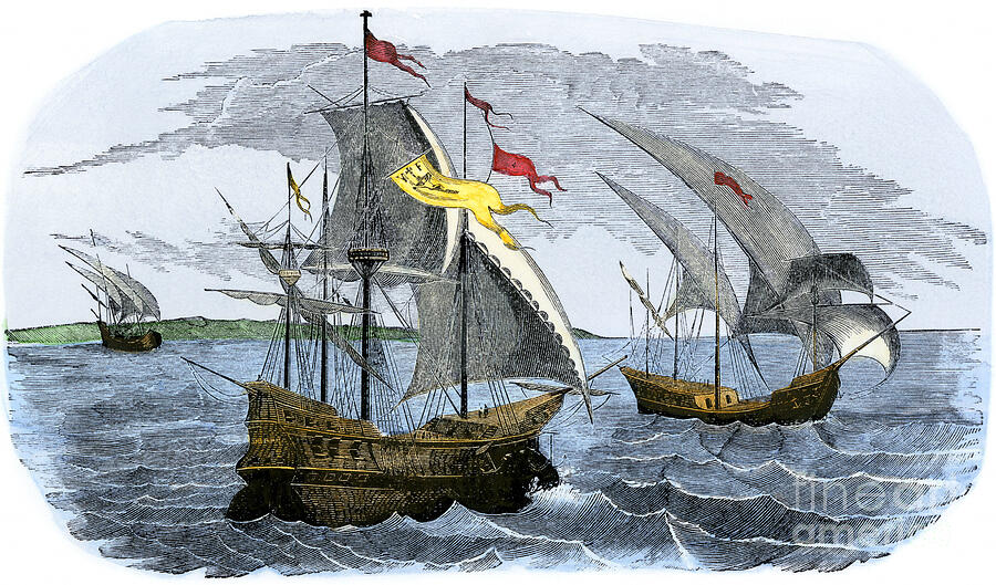 Spanish Boat From Hernan Cortes Or Hernando Cortez (1485-1547) Sailing To Mexico, 1519 Colourful Engraving Of The 19th Century Drawing by American School