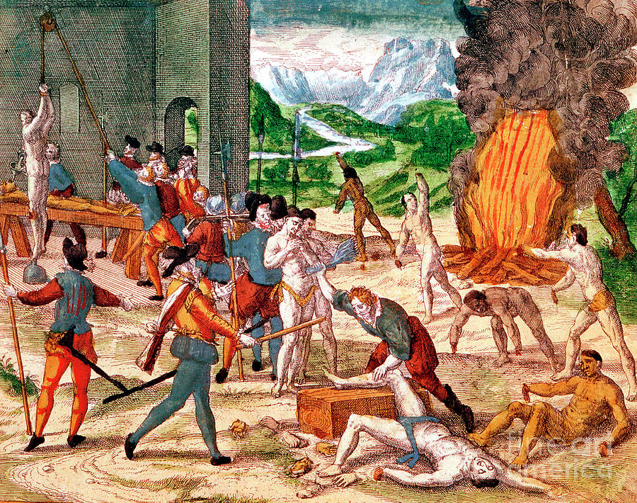 Spanish Conquistadors Torturing Drawing by Print Collector
