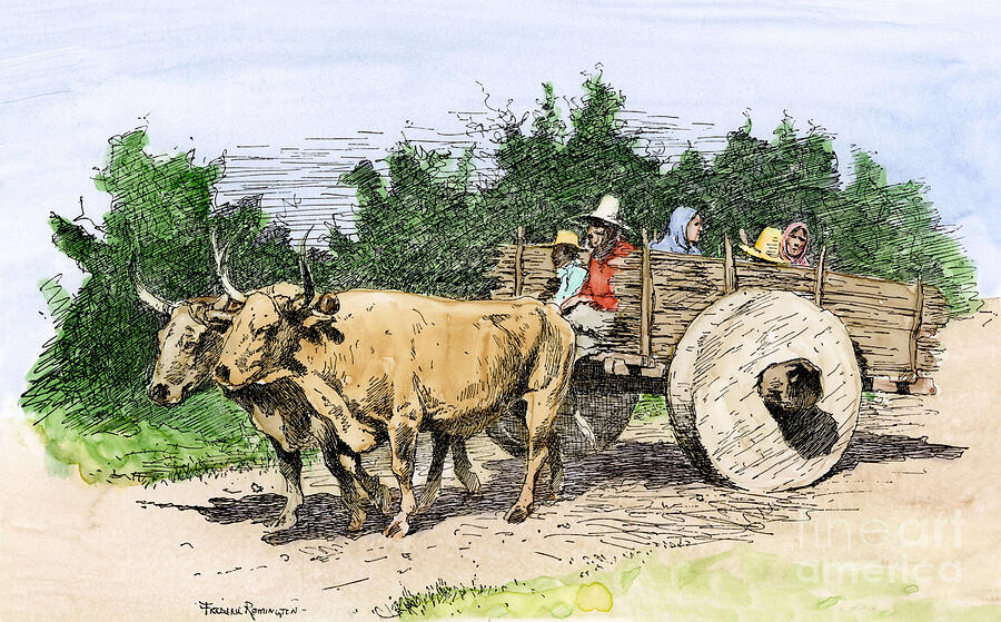 Spanish Family Traveling In A Cart Pulled By Oxen, California, 19th Century Colour Engraving From A Painting By Frederic Remington Drawing by American School