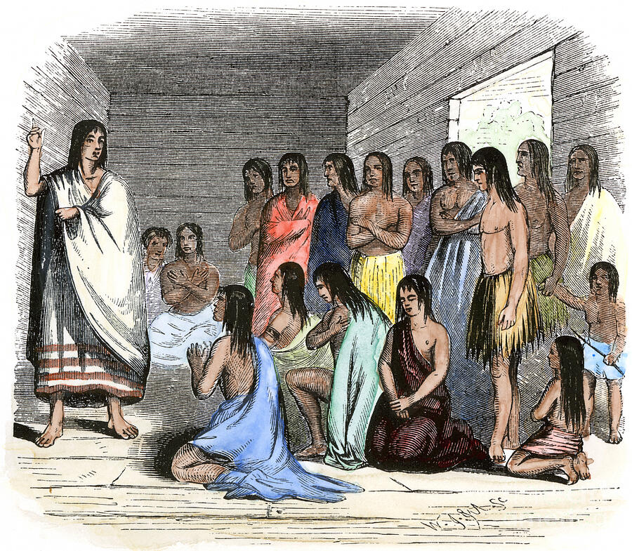 Spanish Missionaries Teaching Indians 19th Century Coloring Engraving Drawing by American School