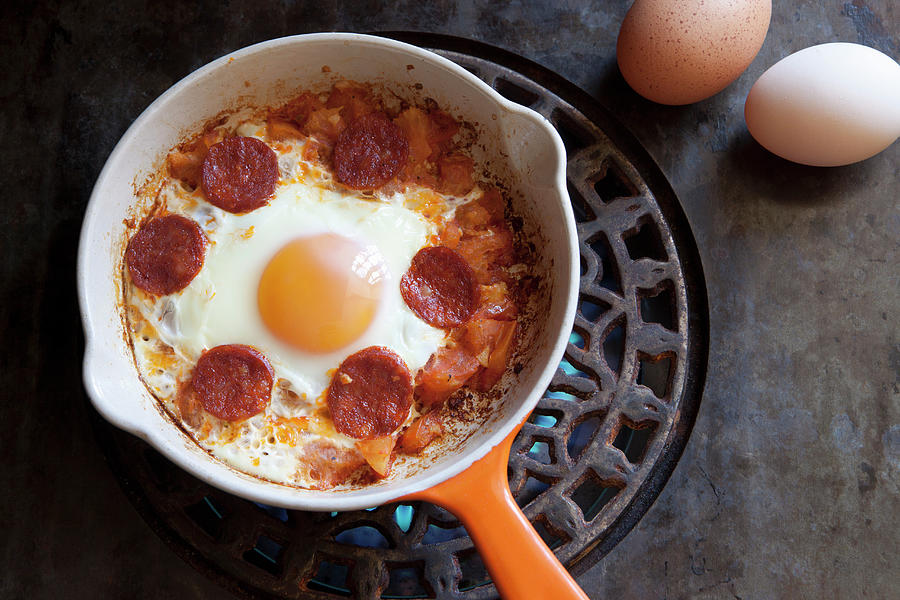 Spanish Style Breakfast With Tomatoes, Chorizo And Fried Egg Photograph by Lee Parish