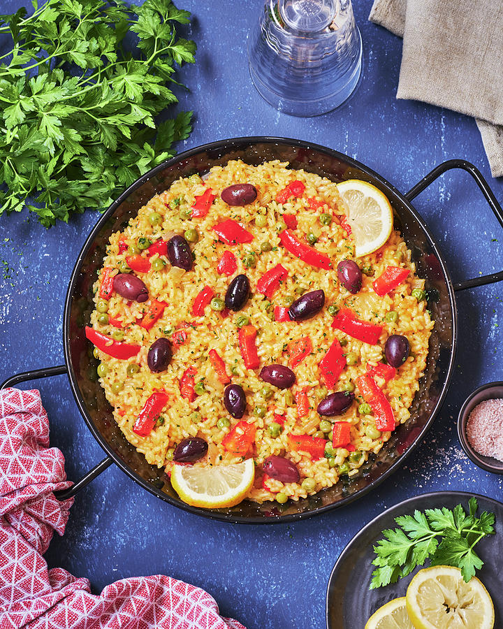 Spanish Vegetable Paella With Peppers And Olives Photograph by Kurt Rebry