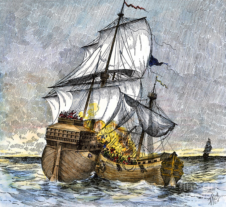 Spanish Vessel Capturing An English Ship Carrying Goods For The Colonies In America Colour Engraving Of The 19th Century Drawing by American School