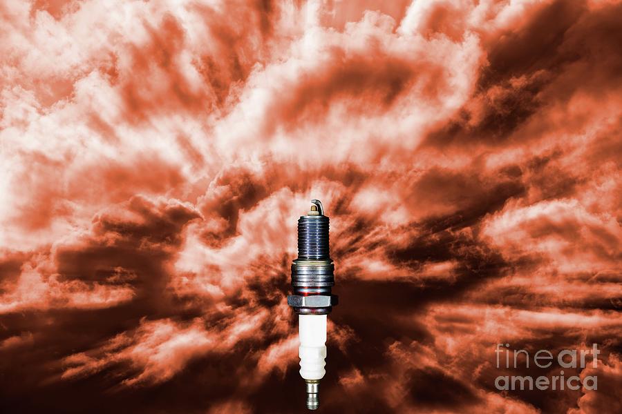 Auto Equipment Photograph - Spark Plug With Fiery Sky by Christian Lagerek/science Photo Library