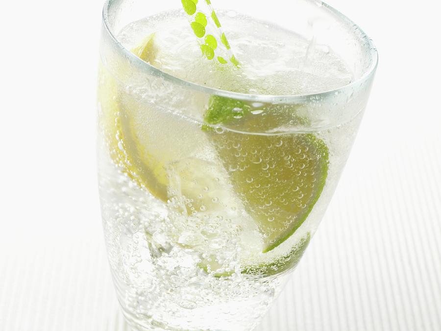 Sparkling Mineral Water With Ice Cubes And A Lemon And Lime Wedge Photograph by Frank Adam