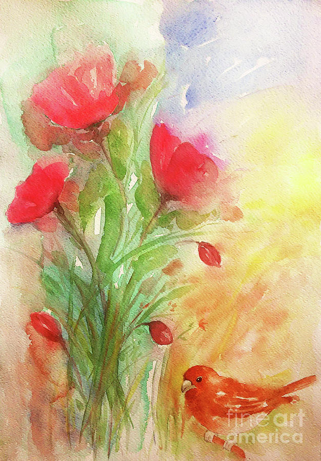 Sparrow And Poppies Painting by Jasna Dragun