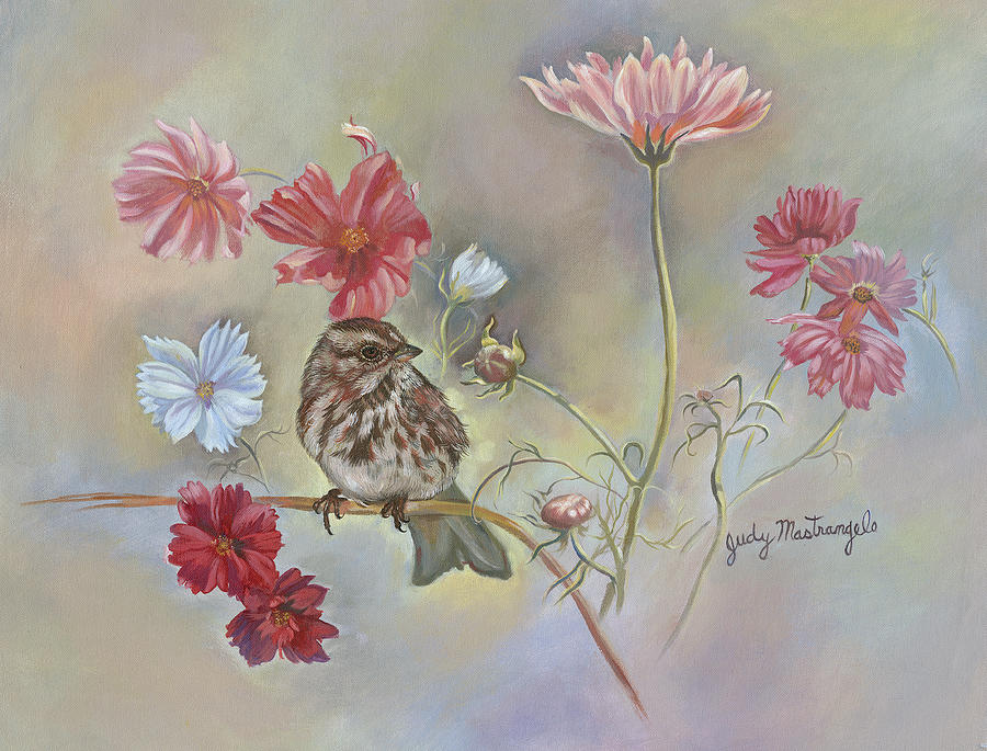 Animal Digital Art - Sparrow In Cosmos Flowers by Judy Mastrangelo