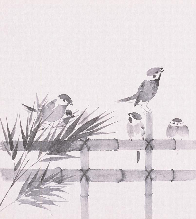 Sparrows Perching On Bamboo Fence Digital Art by Daj
