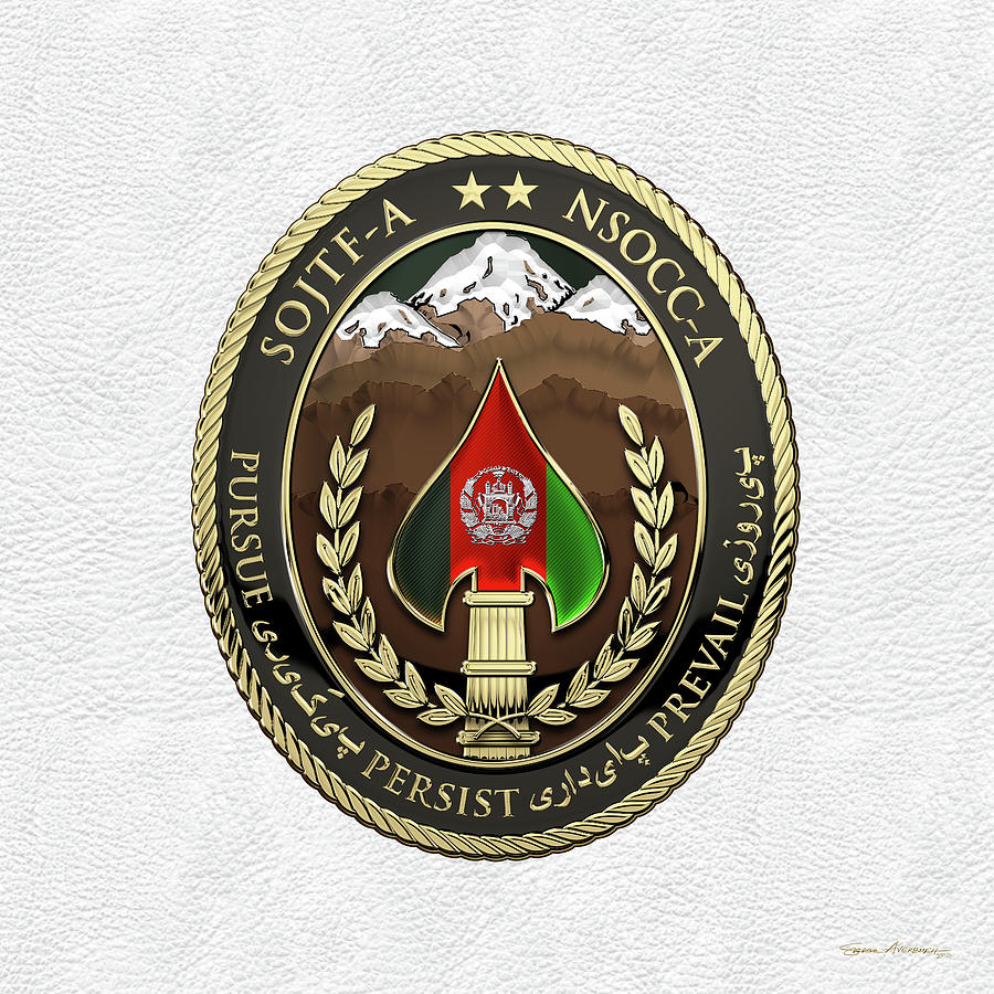 Special Operations Joint Task Force - Afghanistan -  NSOCC-A/SOJTF-A Patch over White Leather Digital Art by Serge Averbukh