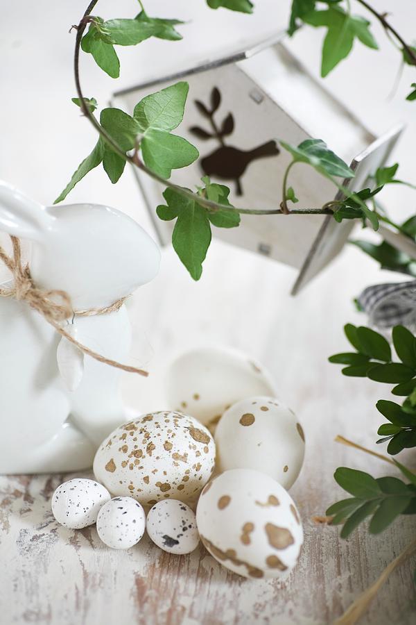 Speckled Easter Eggs, China Rabbit And Tendrils Of Ivy Photograph by Alicja Koll