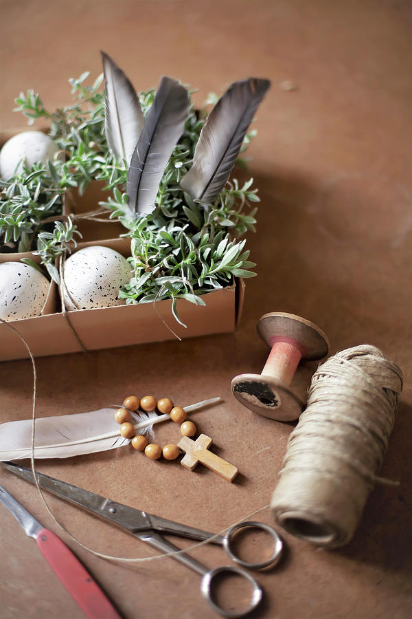 Speckled Eggs, Feathers And Chickweed In Box Photograph by Alicja Koll