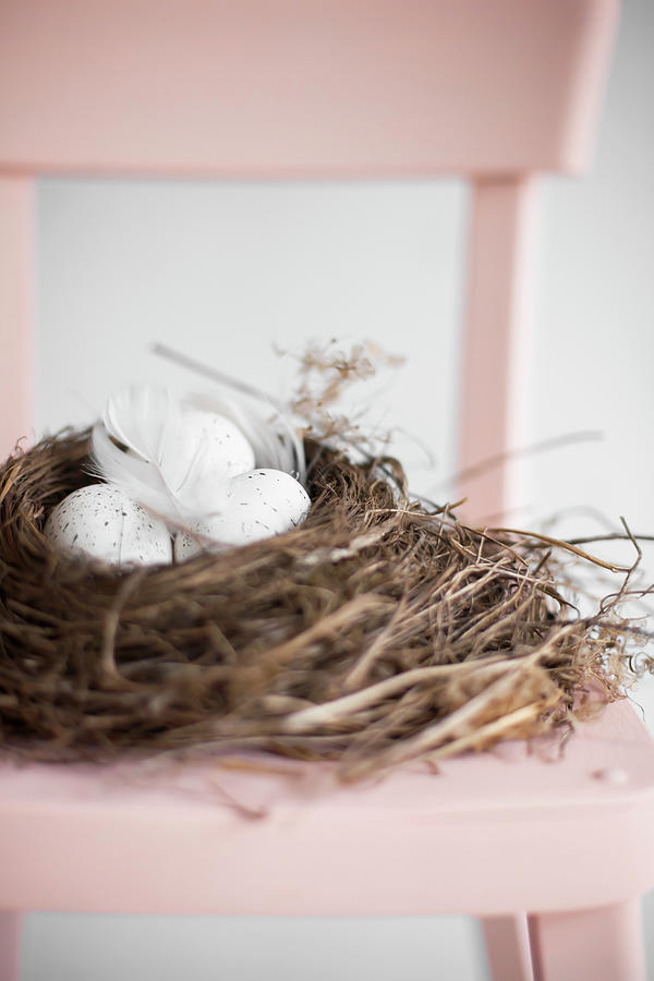 Speckled Eggs In Easter Nest On Pink Chair Photograph by Alicja Koll